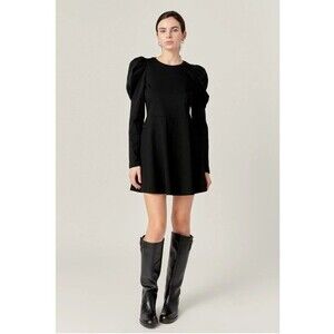 English Factory Long Puff Sleeve Mini Dress Black 100% Cotton Size Large NWT’s